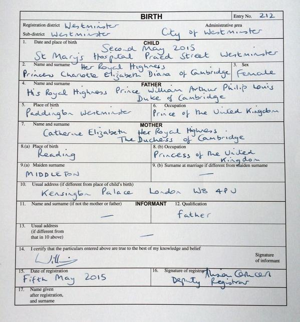 Princess Charlotte birth registry
