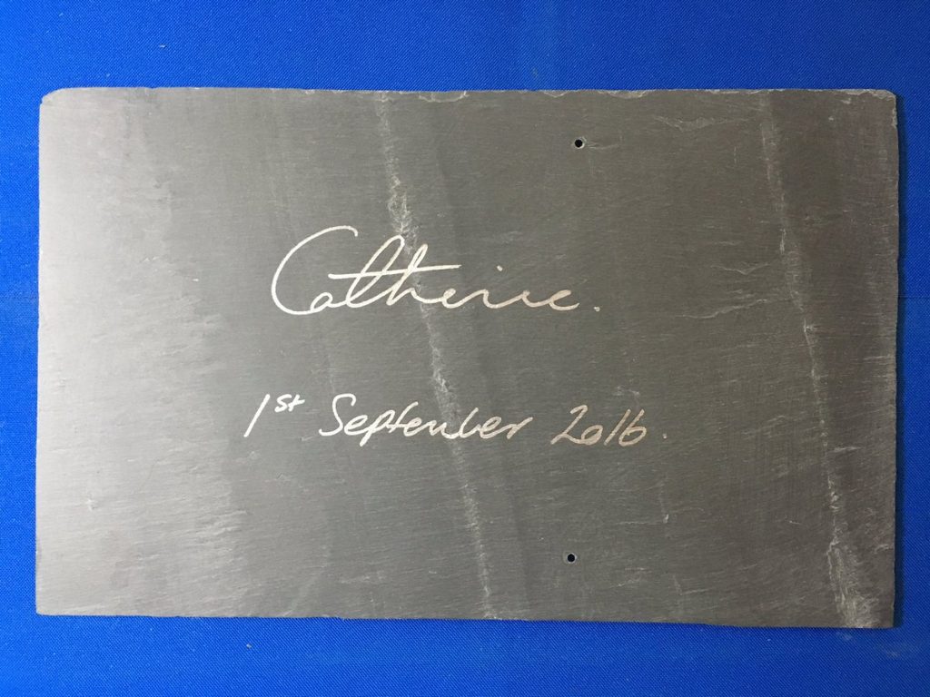 Kate's signed roof slate at Truro Cathedral in Cornwall