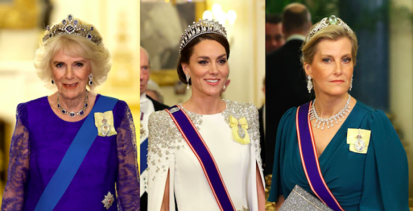Kate in sparkles & Camilla finally wears something new to first State Banquet of Charles reign